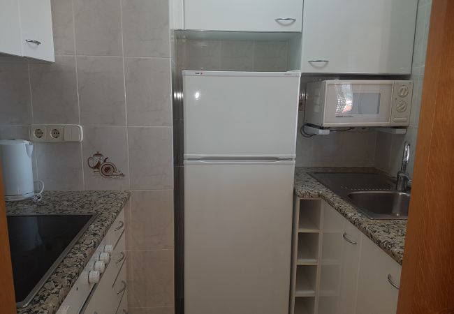 Parte de la cocina Cocina con nevera, microondas, fregadero